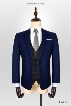 Bộ suit caro xanh navy dày một nút TG117